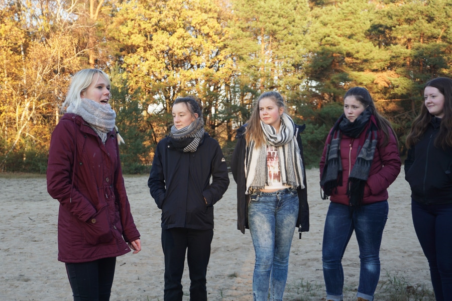 Gruppe junger Frauen im Wald im Herbst.