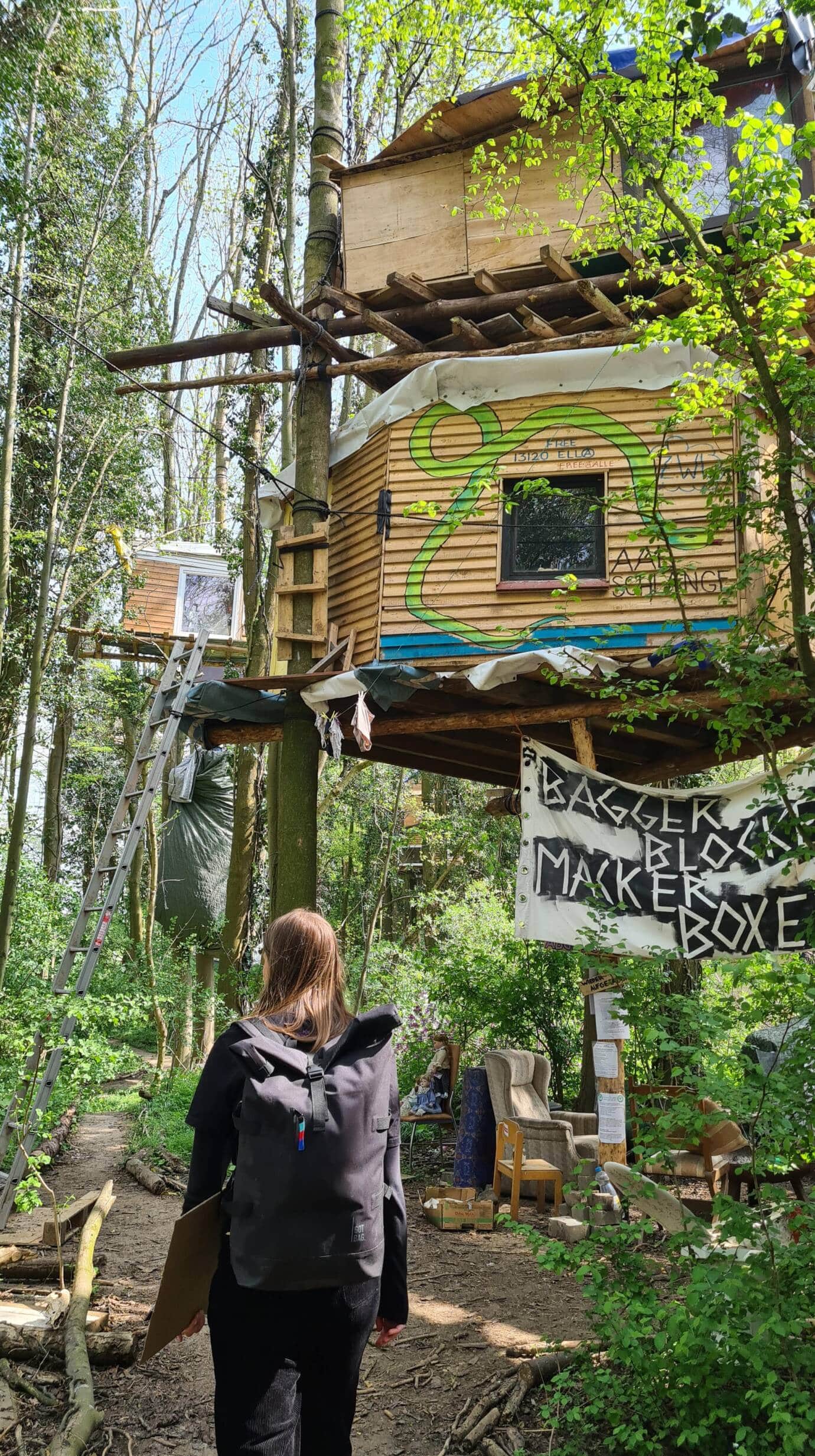 Person geht zu Baumhaus im Wald