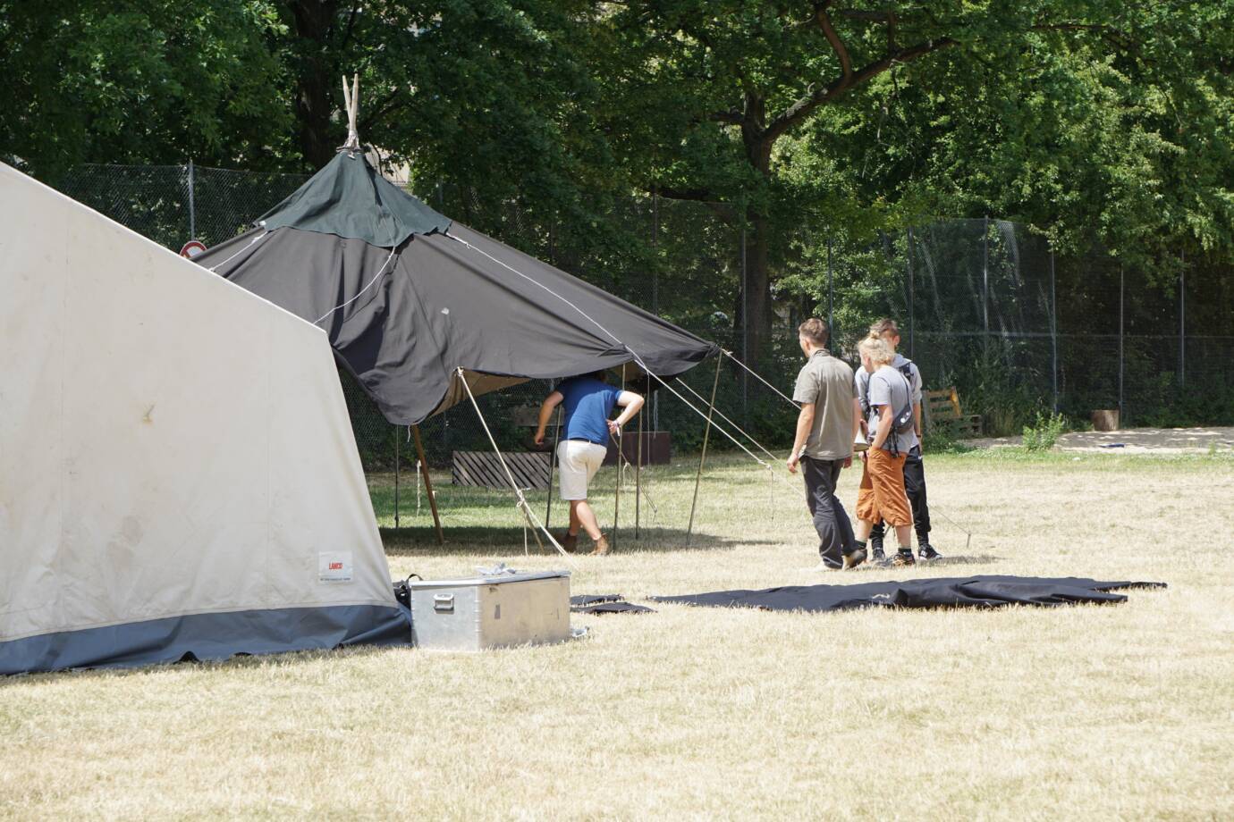 Leute bauen ein Zelt auf Wiese auf.