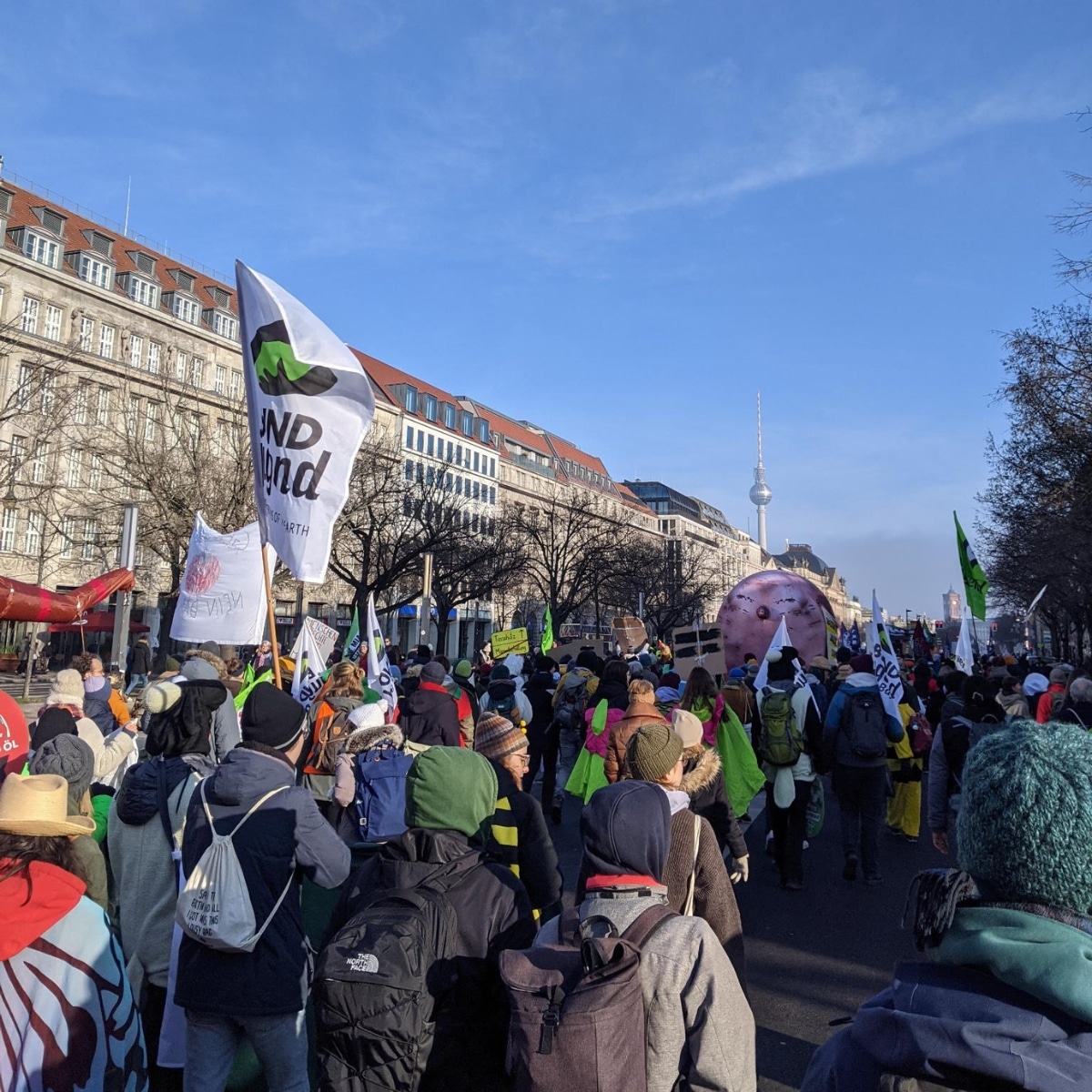 Menschen bei einer Demonstration mit Flaggen und Transparenten.