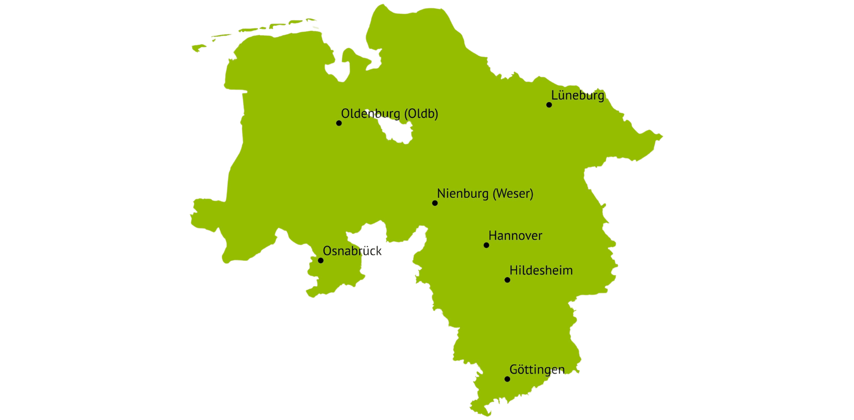 Karte von Niedersachsen mit Städten.